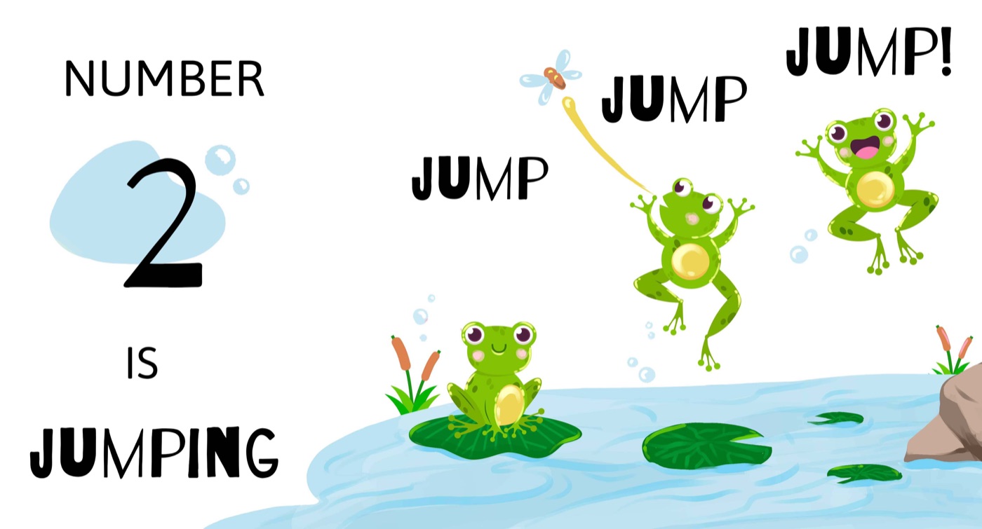 Illustration from Run, Run, Run! showing cartoon frogs and the words "Number 2 is jumping".