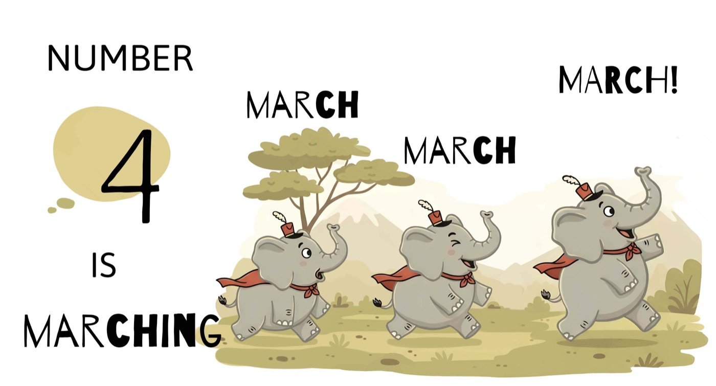 Illustration from Run, Run, Run! showing cartoon elephants and the words "Number 4 is marching".