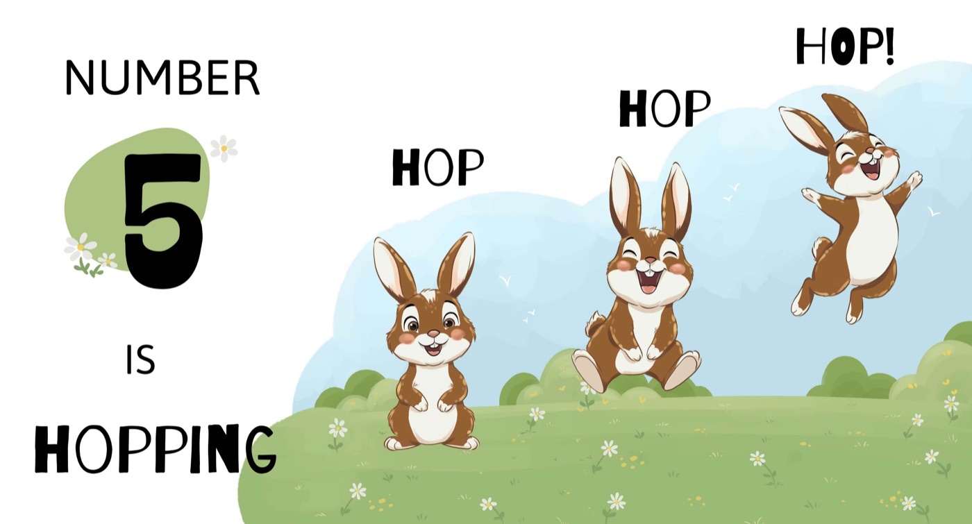 Illustration from Run, Run, Run! showing cartoon rabbits and the words "Number 5 is hopping".