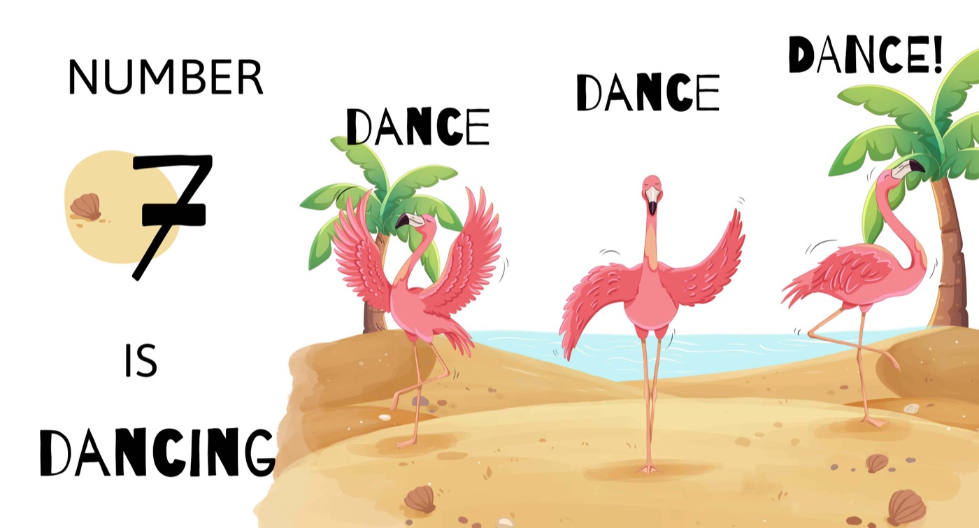 Illustration from Run, Run, Run! showing cartoon flamingos and the words "Number 7 is dancing".